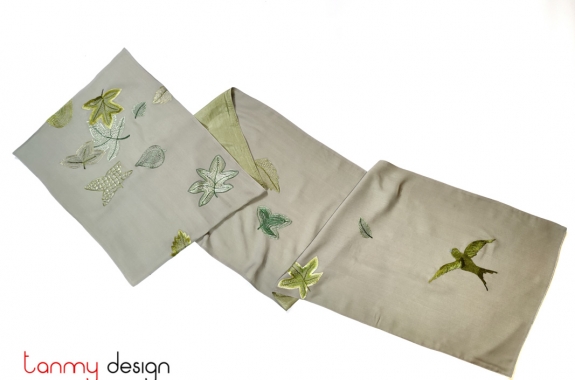 Light green silk scarf hand-embroidered with leaf garden 40*200 cm